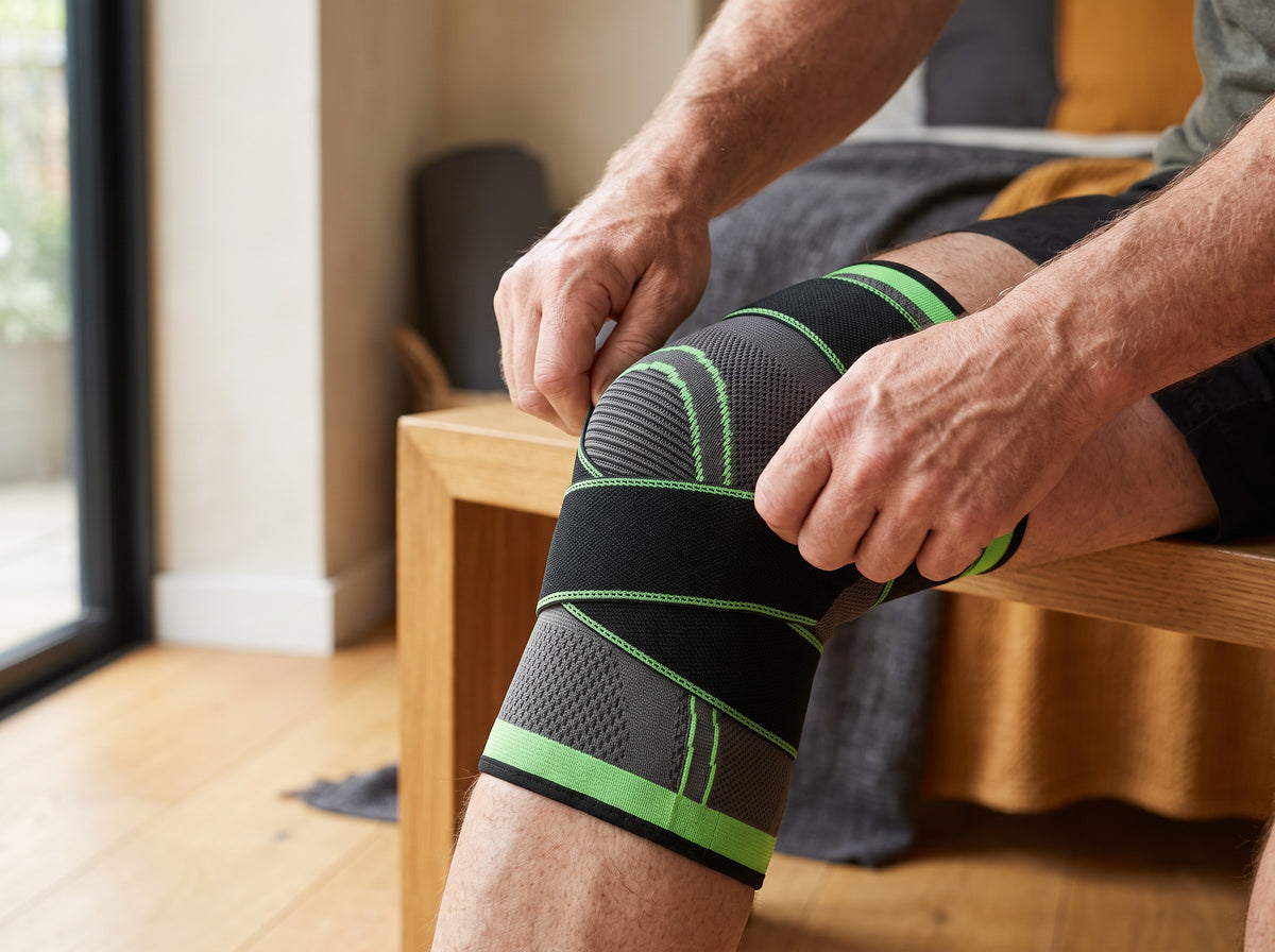 Hands fitting a knee compression sleeve