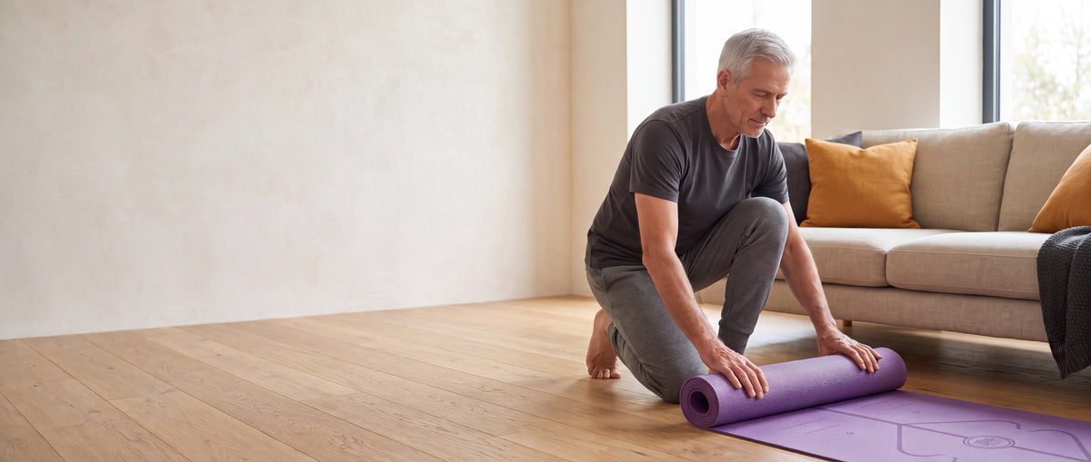 A man in his sixties rolling out a yoga mat in a morning-lit living room